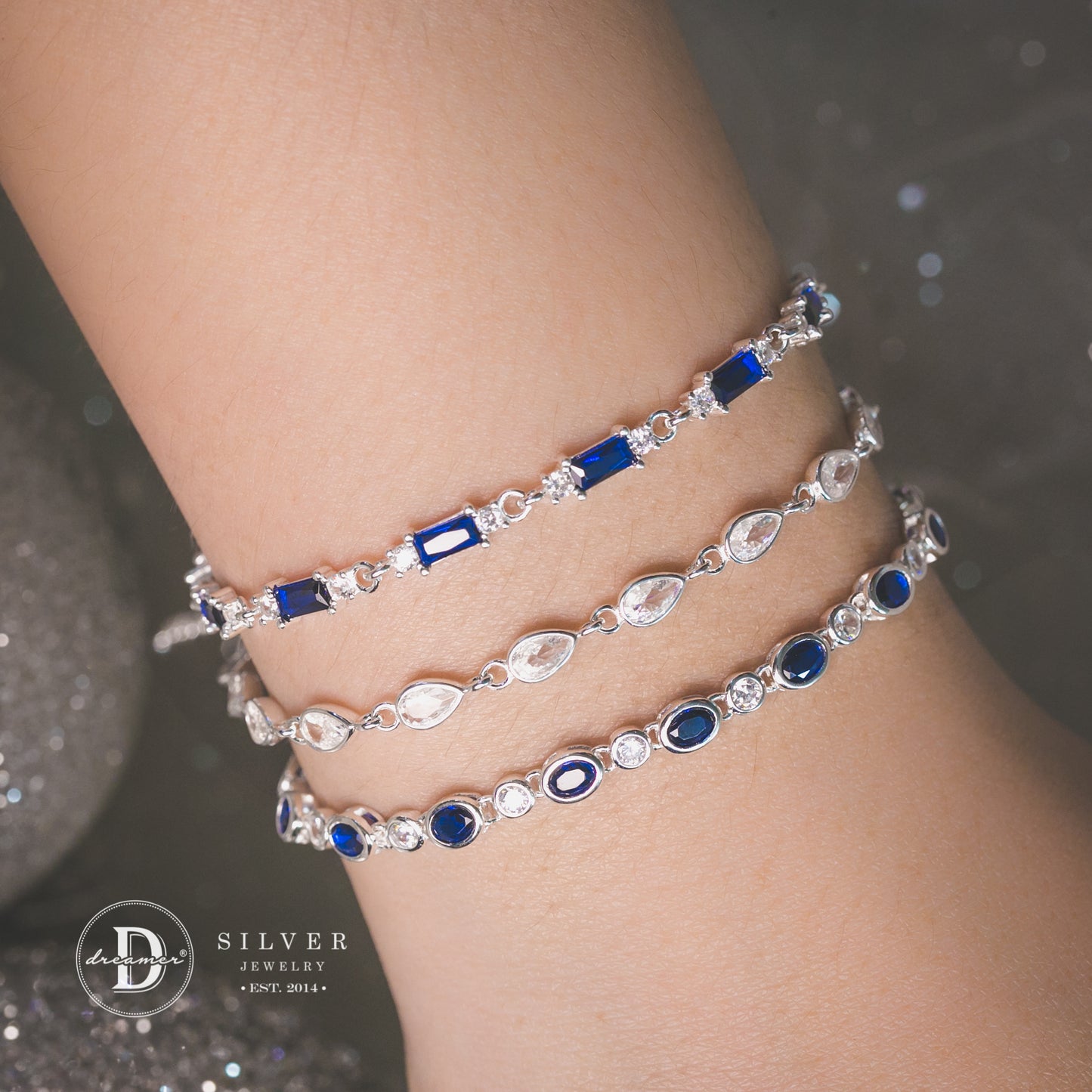 Lắc Tay Premium Dãy Đá Màu Blue Sapphire Xanh Dương - Blue Sapphire Color Stones Silver Bracelet