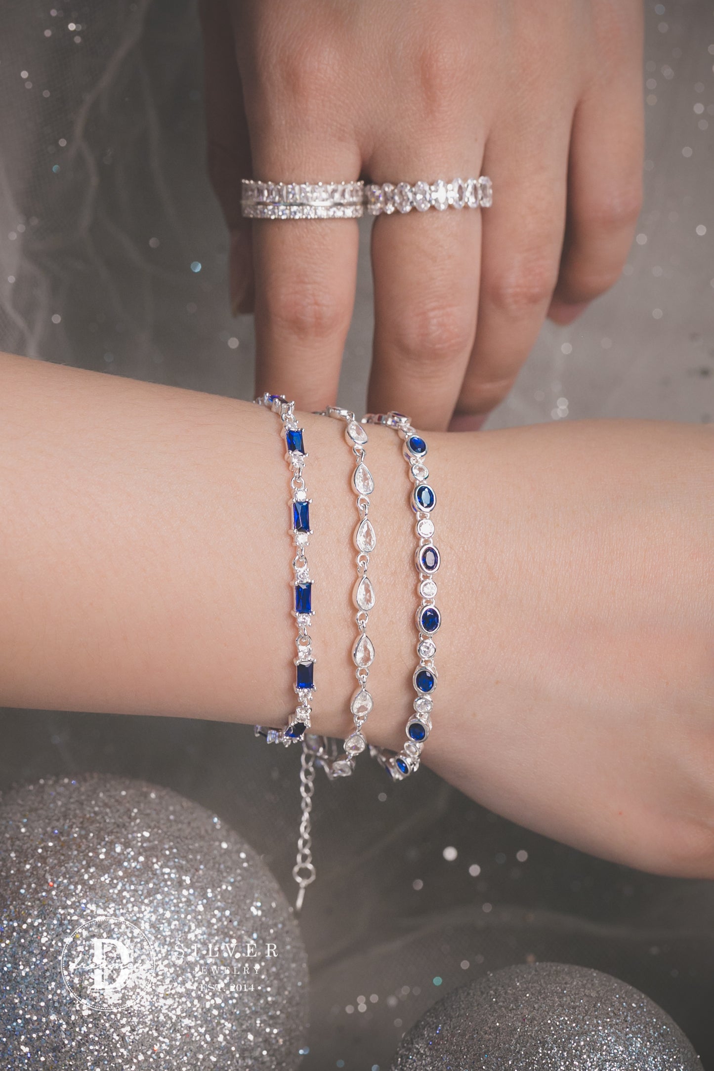 Lắc Tay Premium Dãy Đá Màu Blue Sapphire Xanh Dương - Blue Sapphire Color Stones Silver Bracelet