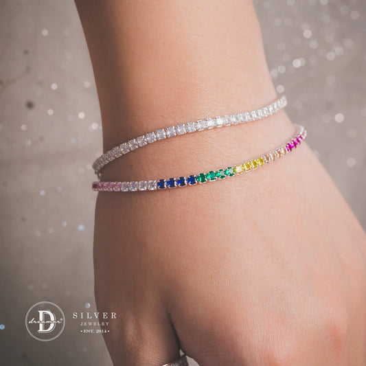 Lắc Tay Tennis Đá 7 Màu - Rainbow Tennis Silver Bracelet