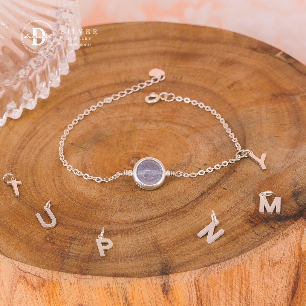 Personalized Aquamarine Silver Chain Bracelet – Alphabet Charm Option