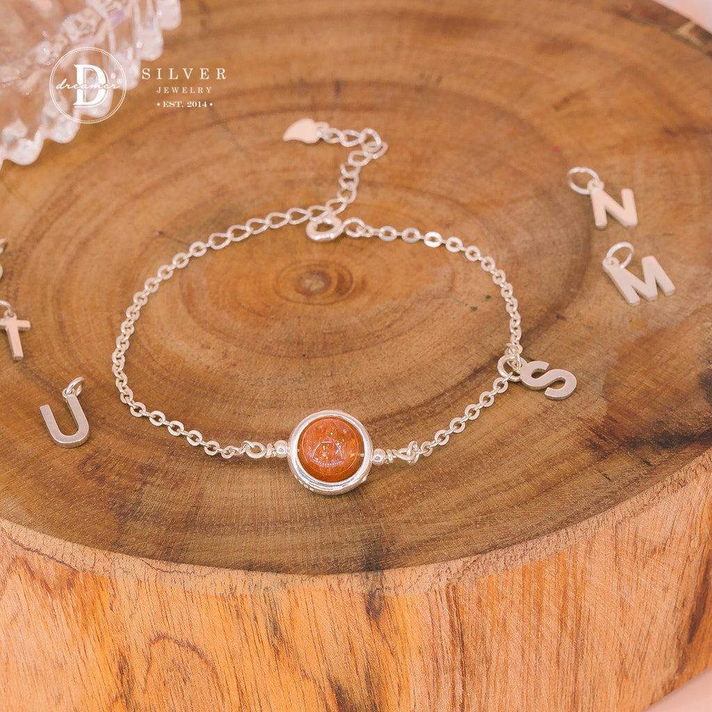 Lắc Tay Bạc 925 Đá Sunstone Tự Nhiên – Tùy Chọn Gắn Chữ Alphabet