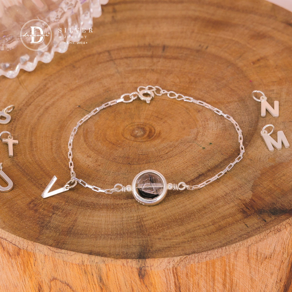 Personalized Black Rutilated Quartz Silver Bracelet – Alphabet Charm Option