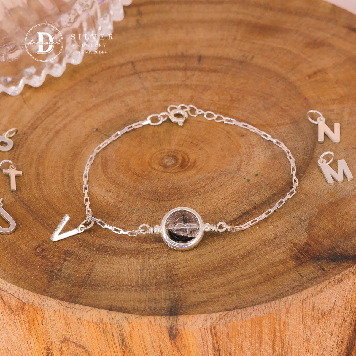 Personalized Black Rutilated Quartz Silver Bracelet – Alphabet Charm Option