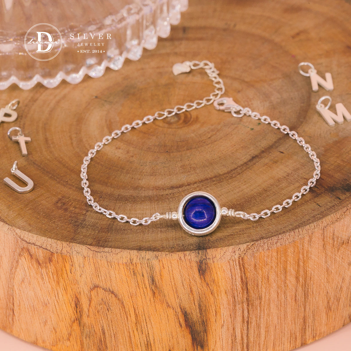 Personalized Deep Blue Kyanite Silver Chain Bracelet – Alphabet Option