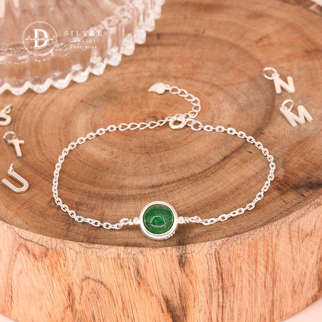 Personalized Green Strawberry Quartz Silver Bracelet – Alphabet Option
