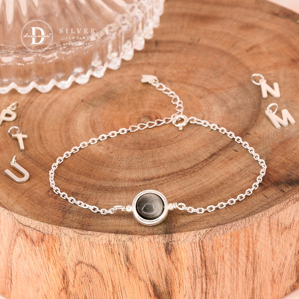 Personalized Black Tiger’s Eye Silver Chain Bracelet – Alphabet Option