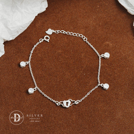Lắc Tay Trái Tim Đôi & 4 Viên Đá - Sparkling Heart Sterling Silver Bracelet DVT020