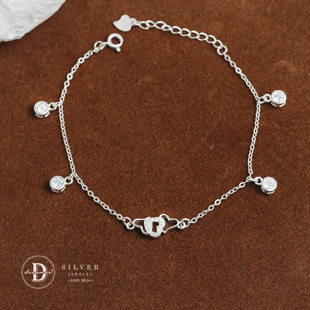 Lắc Tay Trái Tim Đôi & 4 Viên Đá - Sparkling Heart Sterling Silver Bracelet DVT020