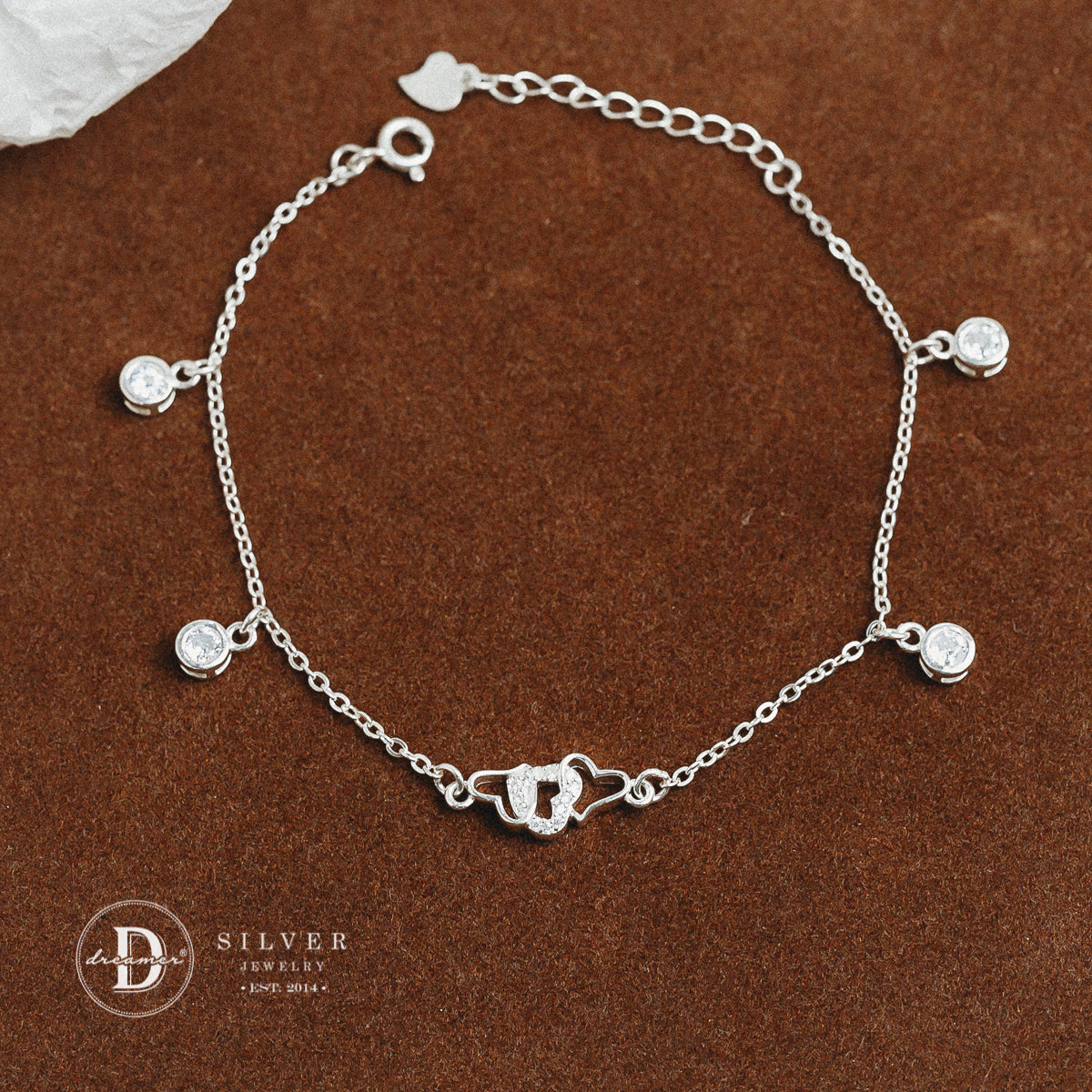 Lắc Tay Trái Tim Đôi & 4 Viên Đá - Sparkling Heart Sterling Silver Bracelet DVT020