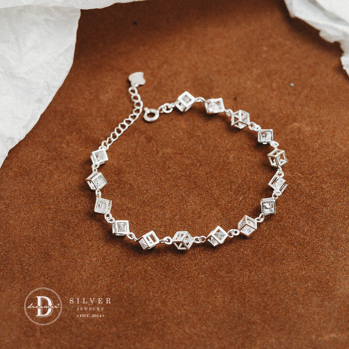 Lắc Tay Chuỗi Cube Đá Trắng - White Stone Cube Chain Sterling Silver Bracelet DVT012