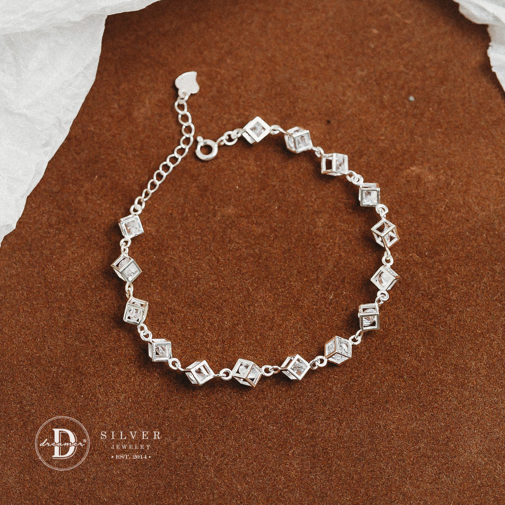Lắc Tay Chuỗi Cube Đá Trắng - White Stone Cube Chain Sterling Silver Bracelet DVT012