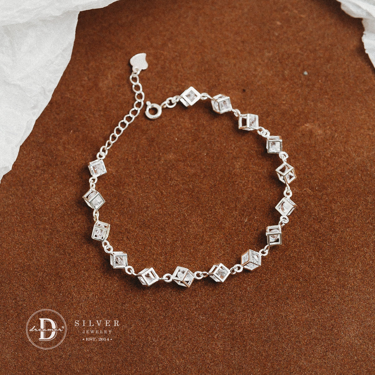 Lắc Tay Chuỗi Cube Đá Trắng - White Stone Cube Chain Sterling Silver Bracelet DVT012