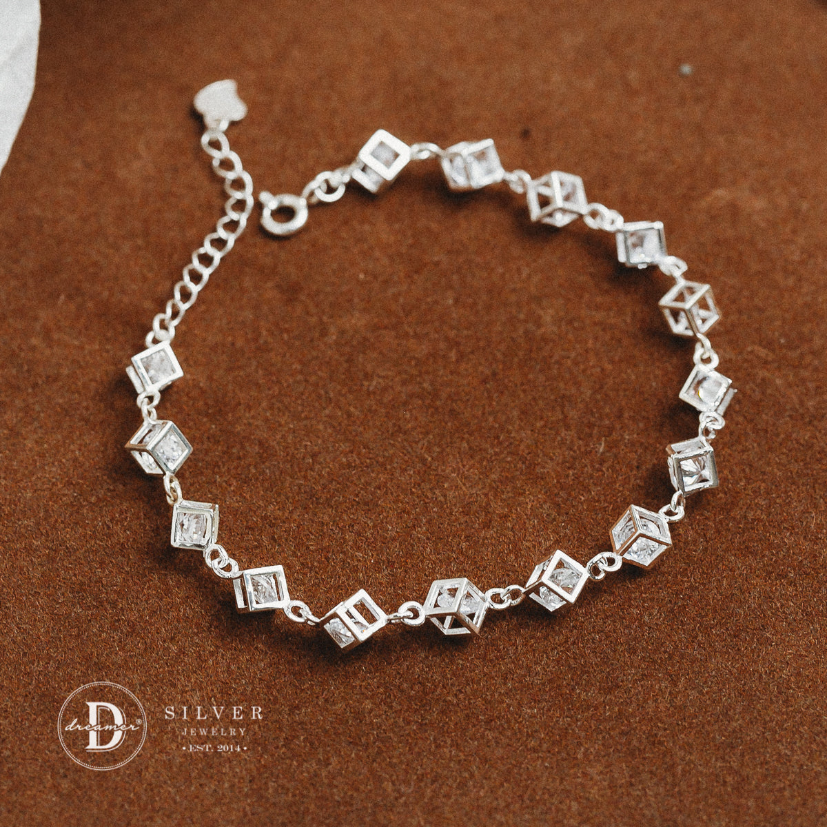 Lắc Tay Chuỗi Cube Đá Trắng - White Stone Cube Chain Sterling Silver Bracelet DVT012