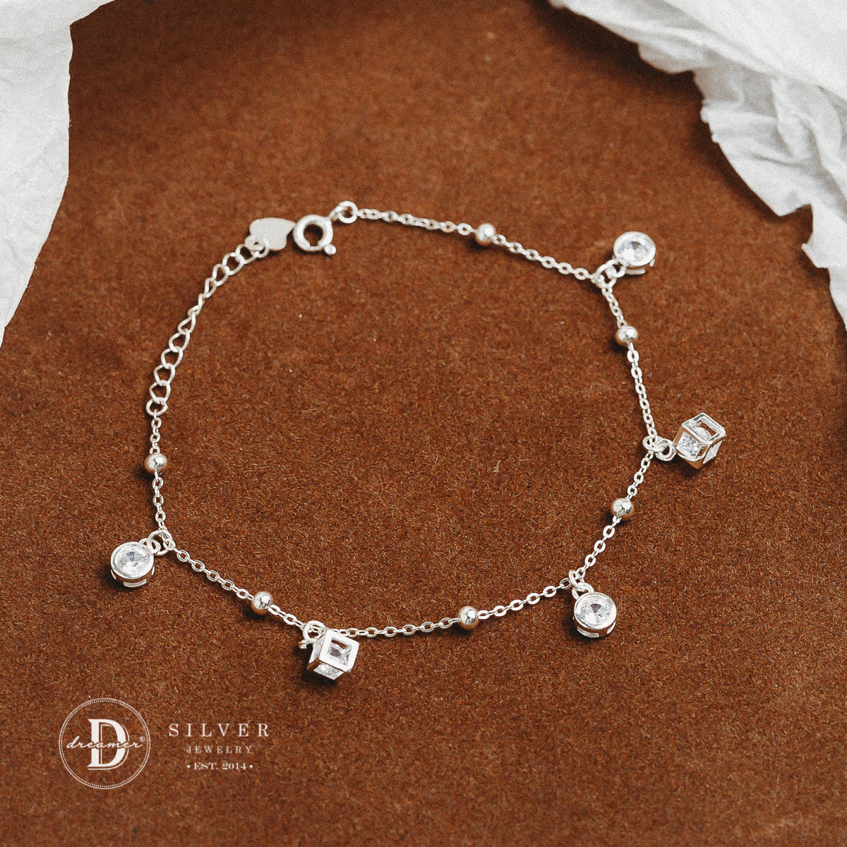 Lắc Tay 2 Cube & 3 Đá Tròn - White Stone Cube Sterling Silver Bracelet DVT011