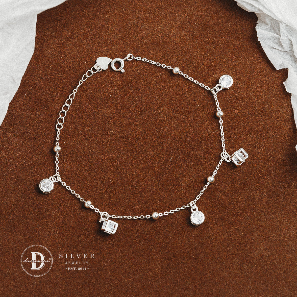 Lắc Tay 2 Cube & 3 Đá Tròn - White Stone Cube Sterling Silver Bracelet DVT011