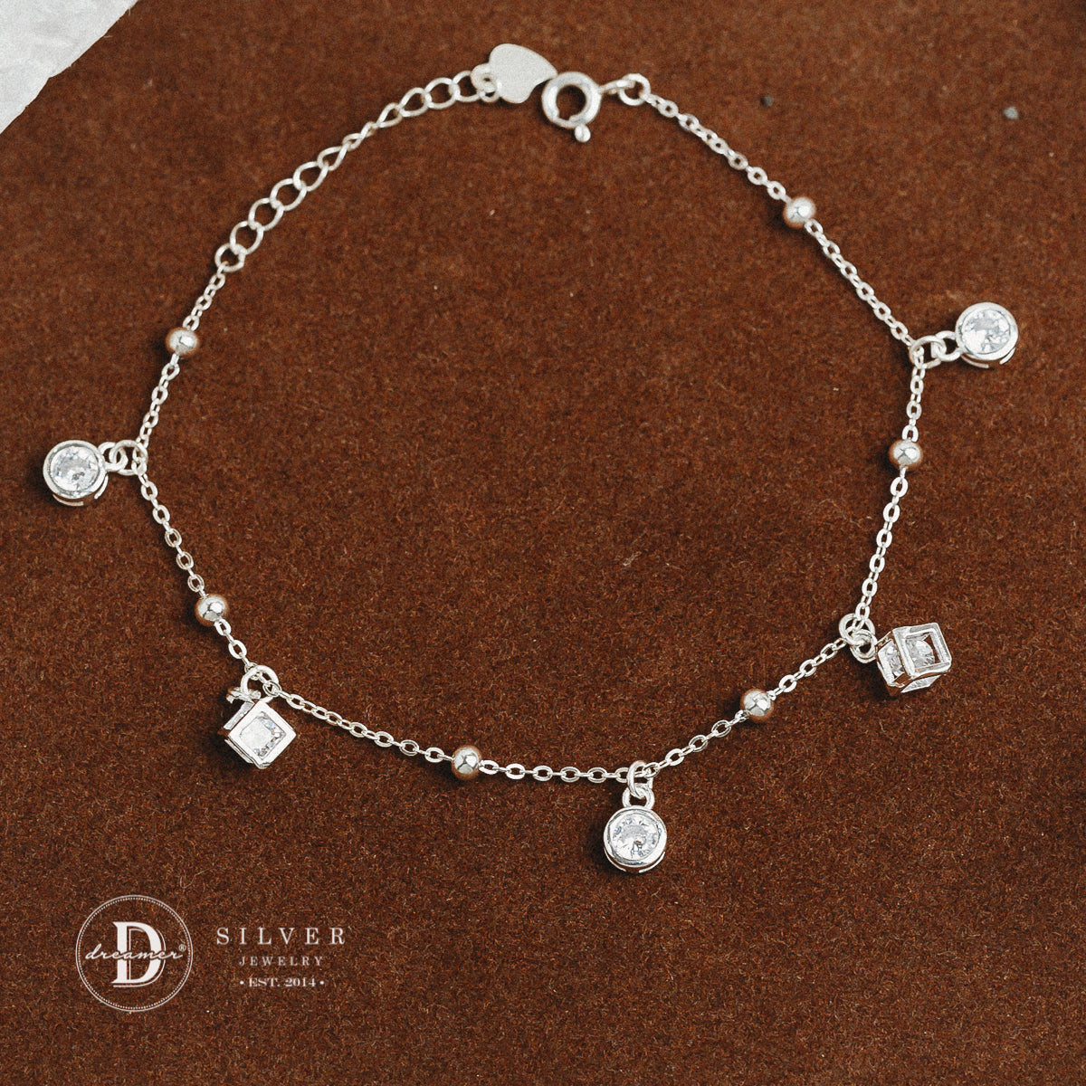 Lắc Tay 2 Cube & 3 Đá Tròn - White Stone Cube Sterling Silver Bracelet DVT011