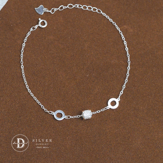 Lắc Tay Tube Đính Đá & 2 Khoen Tròn - Rolling Tube Sterling Silver Bracelet DVT010