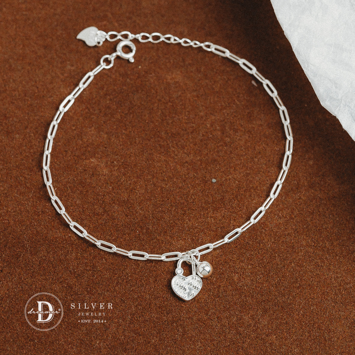 Lắc Tay Charm Ổ Khoá Trái Tim & Chuông Dây Xích Oval - Heart Lock & Bell Sterling Silver Bracelet DVT019