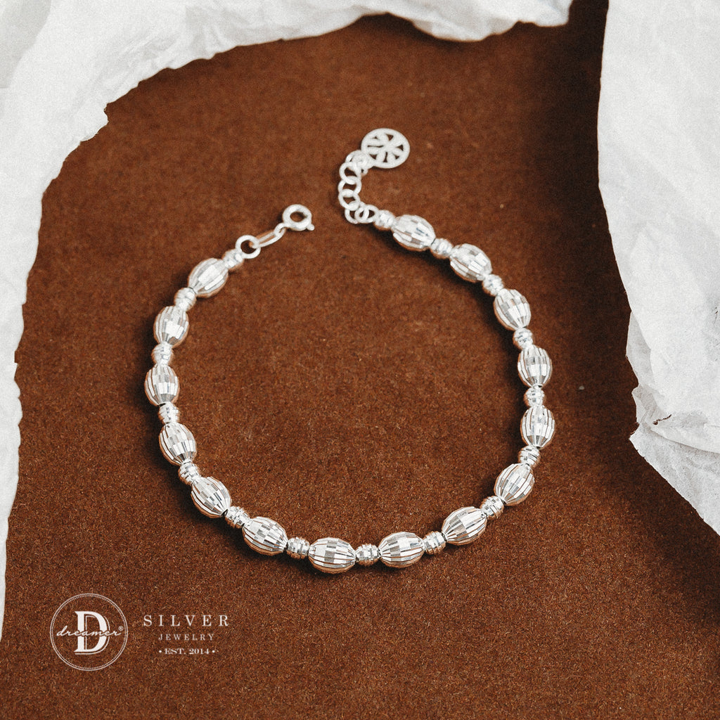 925 Sterling Silver Fluted Oval Barrel Beads Bracelet