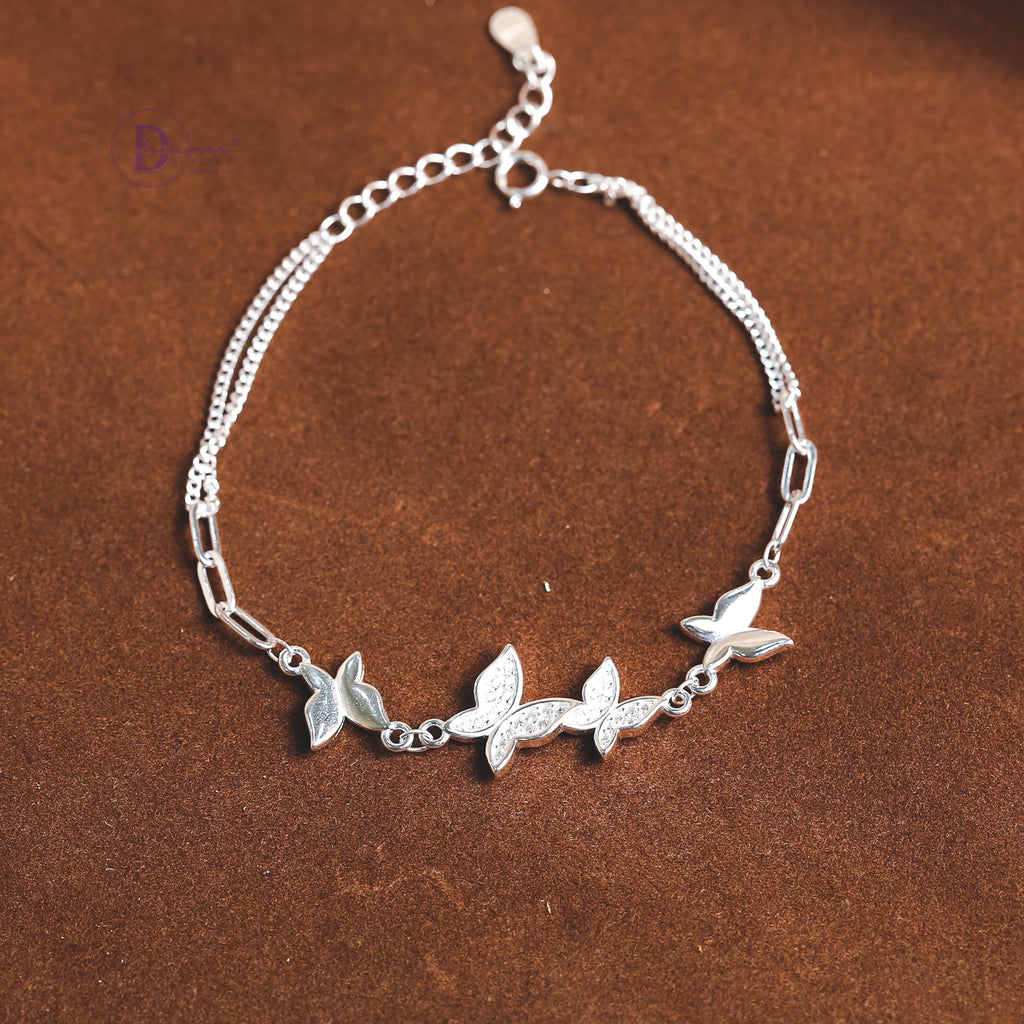 Lắc Tay Bạc 4 Bướm Cánh Nhọn & Xích Tròn 2 Dây - Sparkling Butterfly Layer Chain Sterling Bracelet DVT033