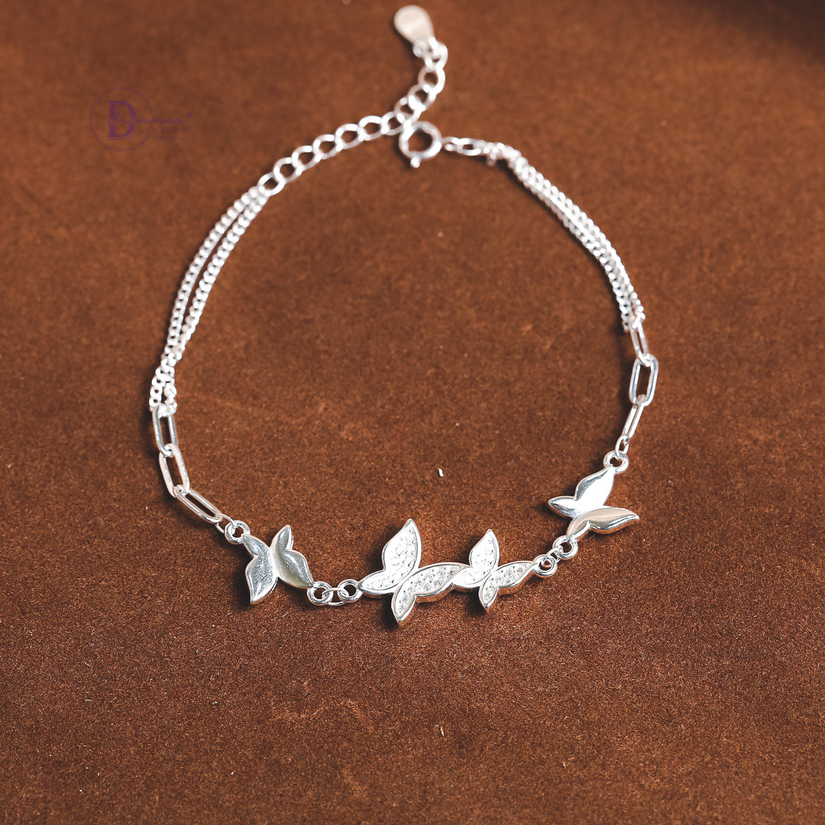 Lắc Tay Bạc 4 Bướm Cánh Nhọn & Xích Tròn 2 Dây - Sparkling Butterfly Layer Chain Sterling Bracelet DVT033