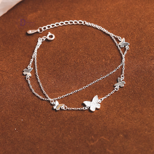 Lắc Tay Bạc 2 Dây Bướm Xuân Đính Đá - Sparkling Butterfly Layer Chain Sterling Bracelet DVT031