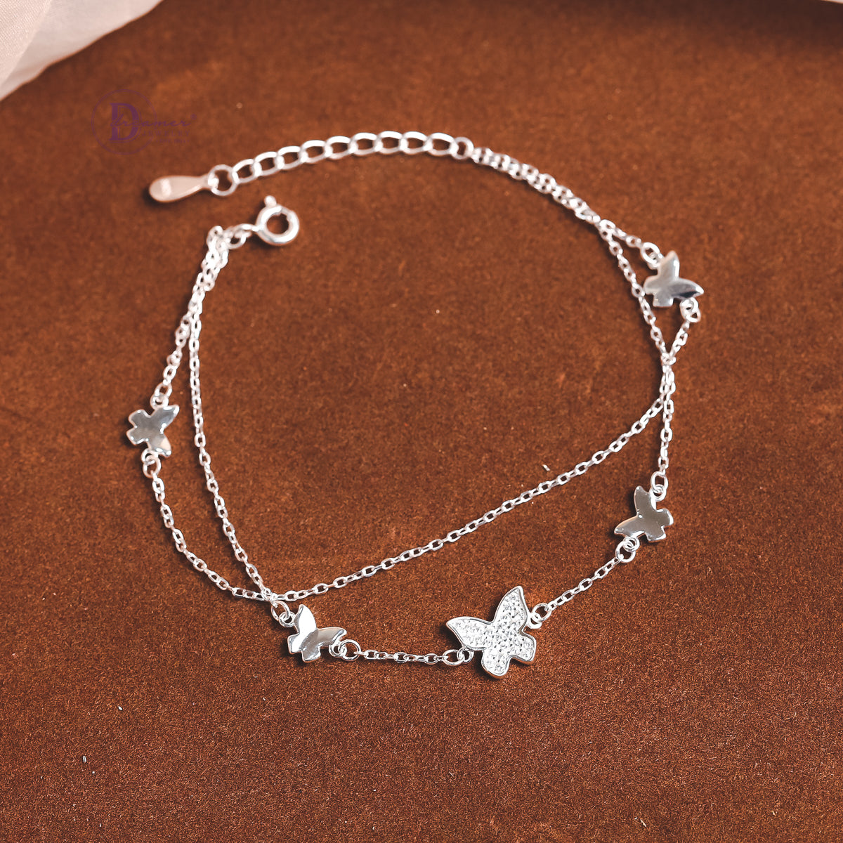Lắc Tay Bạc 2 Dây Bướm Xuân Đính Đá - Sparkling Butterfly Layer Chain Sterling Bracelet DVT031