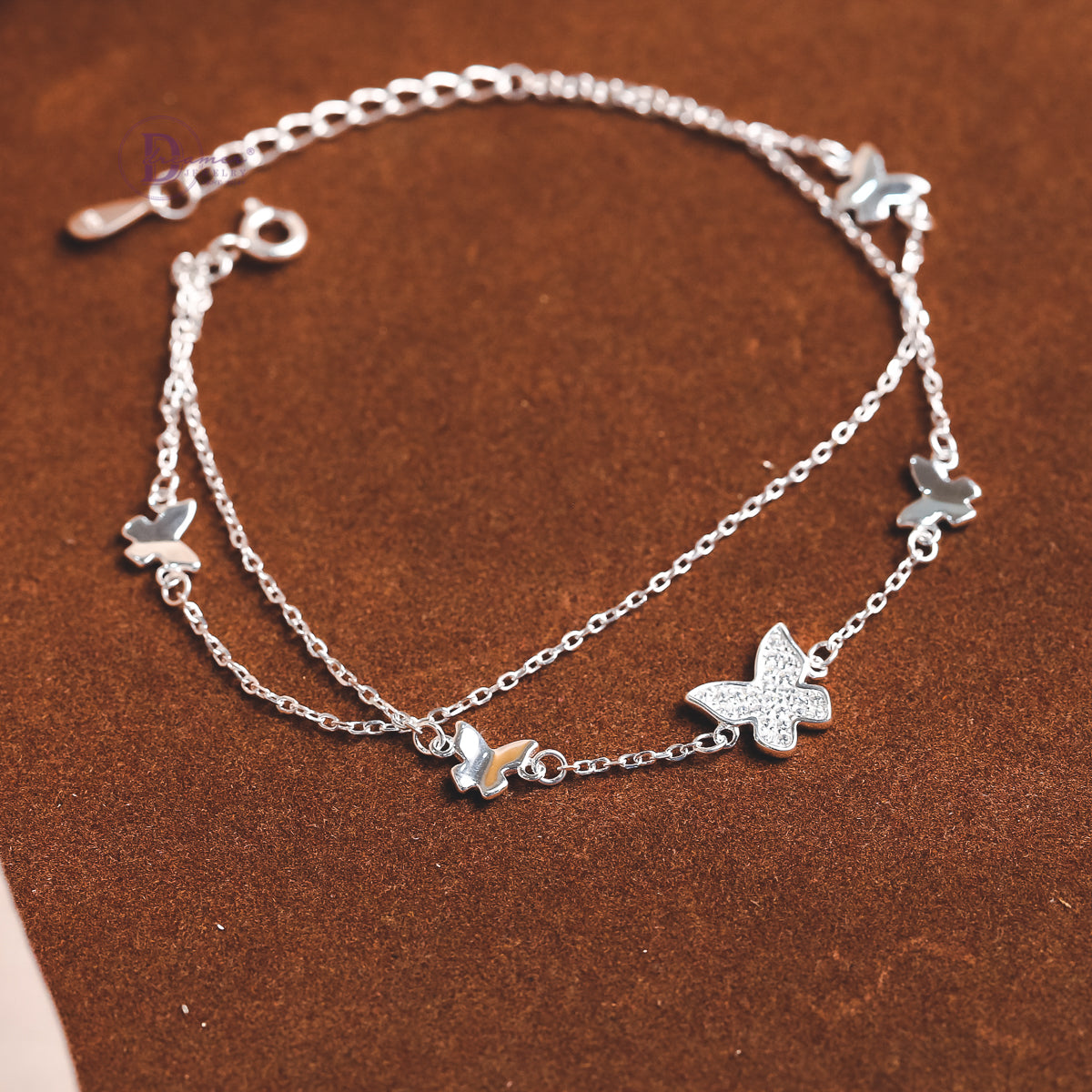 Lắc Tay Bạc 2 Dây Bướm Xuân Đính Đá - Sparkling Butterfly Layer Chain Sterling Bracelet DVT031