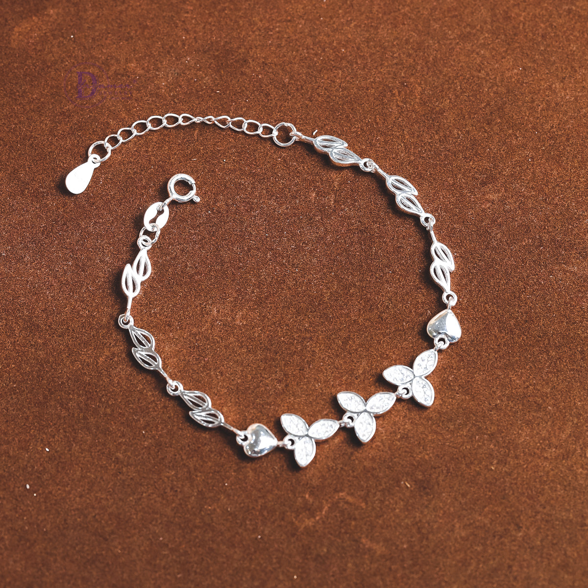 Lắc Tay Hoa Phi Tiêu Đính Đá & Dây Chiếc Lá Sang Trọng - Leaf Chain Sterling Bracelet DV032