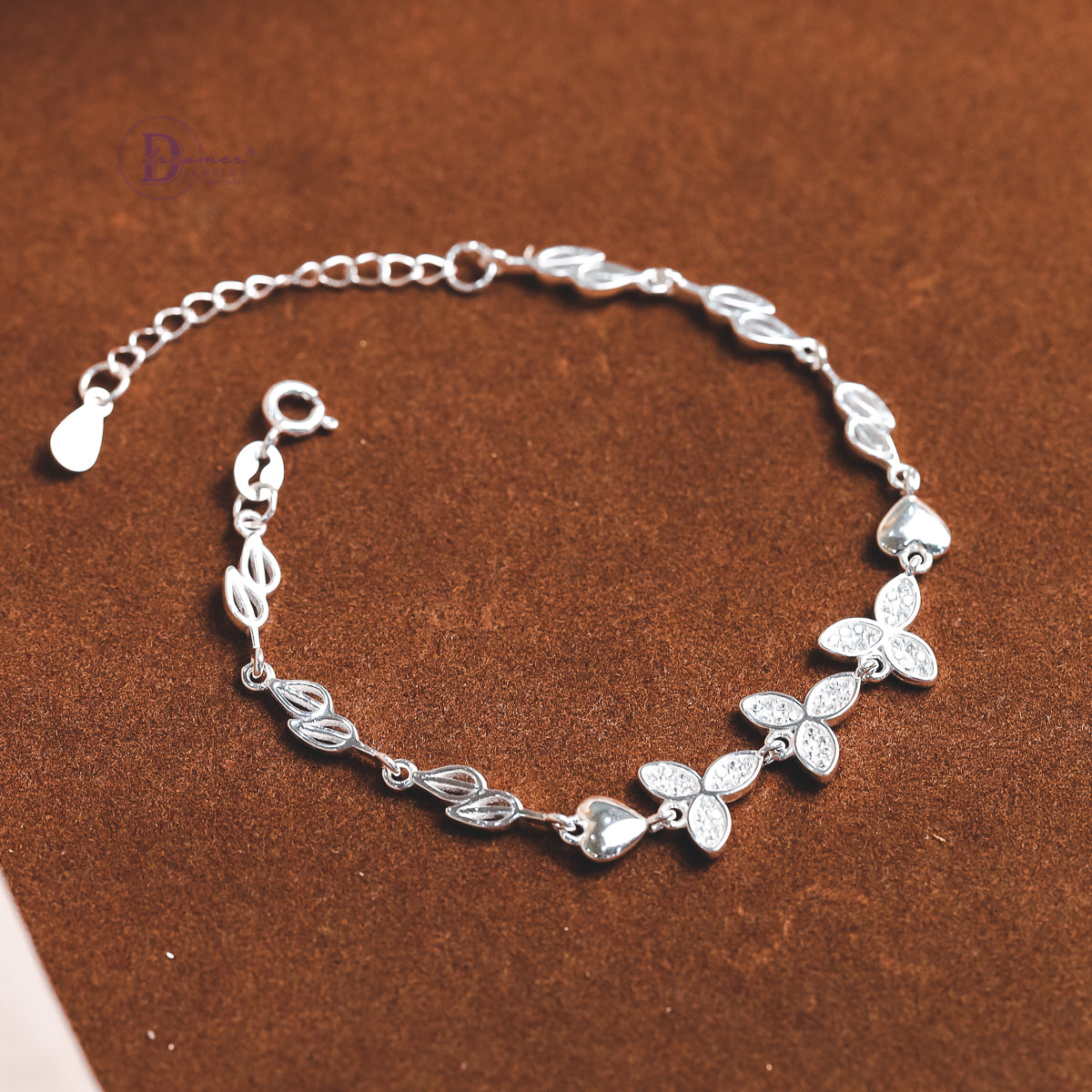Lắc Tay Hoa Phi Tiêu Đính Đá & Dây Chiếc Lá Sang Trọng - Leaf Chain Sterling Bracelet DV032