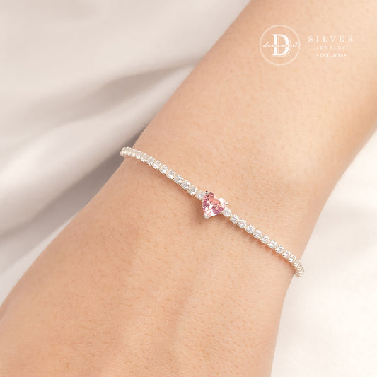 Pink Heart Stone Silver Adjustable Bracelet