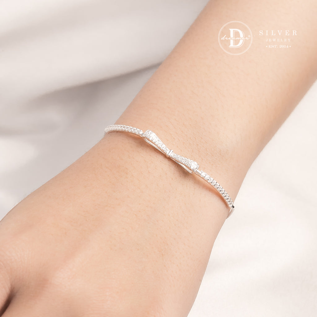 Lắc Tay Bạc Dây Rút Freesize Nơ Bản Dày Đính Đá 1408VTH