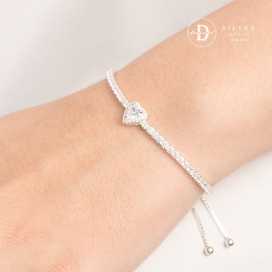 Lắc Tay Bạc Dây Rút Freesize Đá Trái Tim - Princess White Heart Stone Adjustable Bracelet 1184VTH