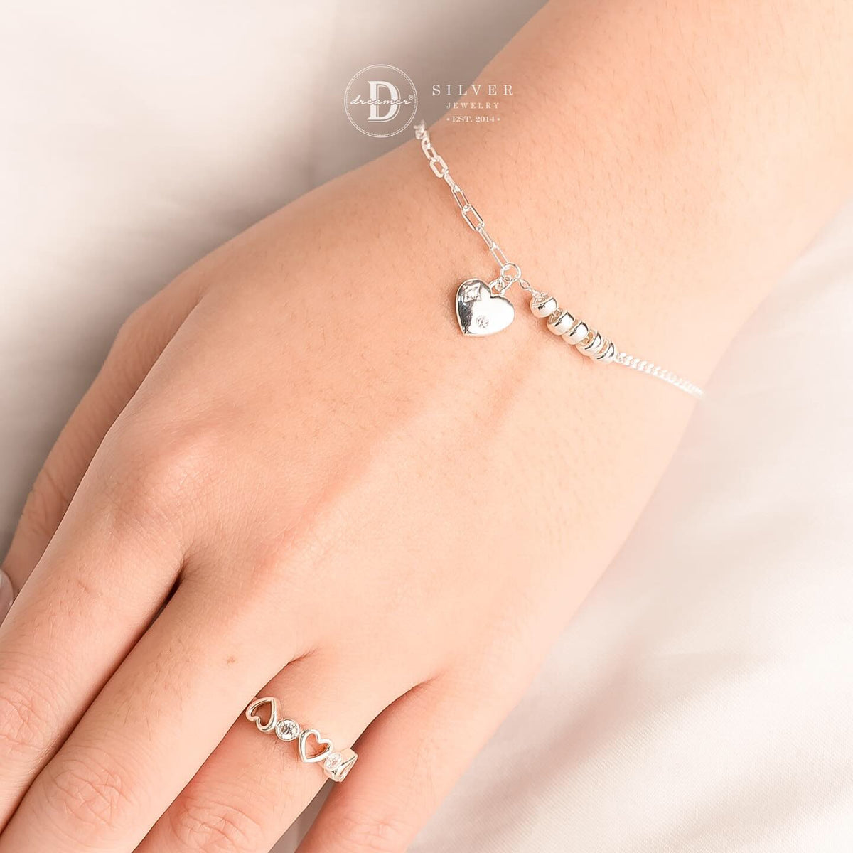 Lắc Tay Bạc 925 Charm Trái Tim Phồng & Dải Bi Trụ Trượt Tinh Tế