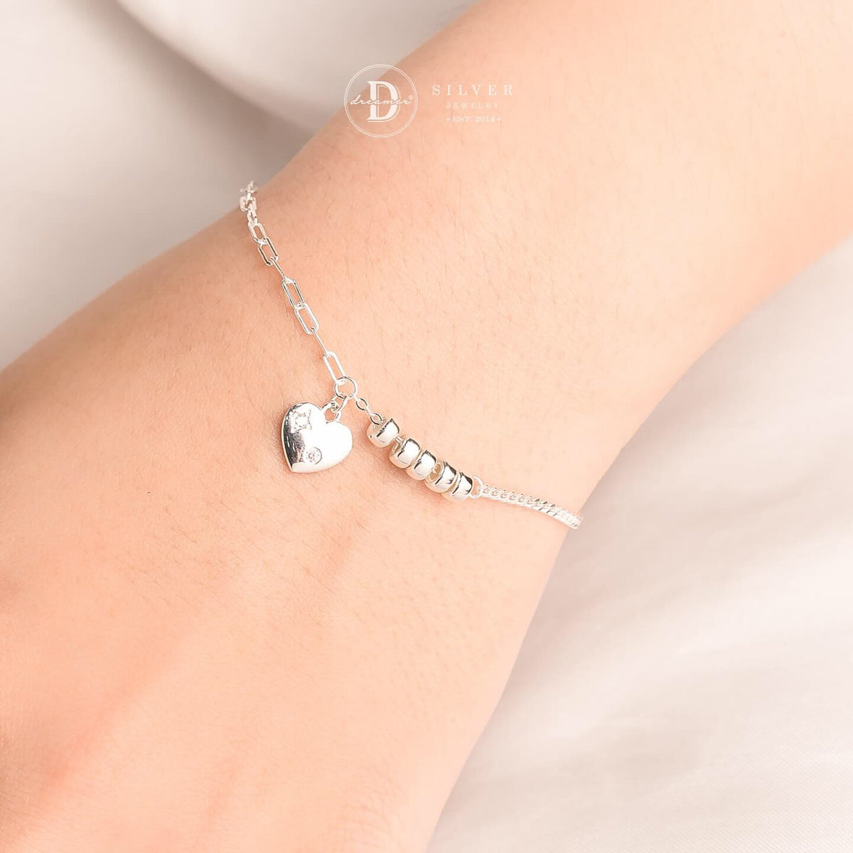 Lắc Tay Bạc 925 Charm Trái Tim Phồng & Dải Bi Trụ Trượt Tinh Tế