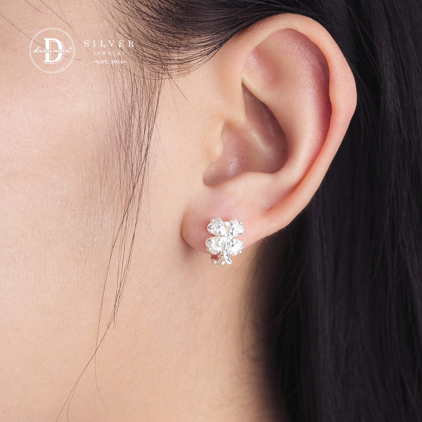 Bông Tai Khoen Gài Premium Cỏ 4 Lá Đính Đá Trái Tim - Heart Stone Lucky Flower Silver Earrings