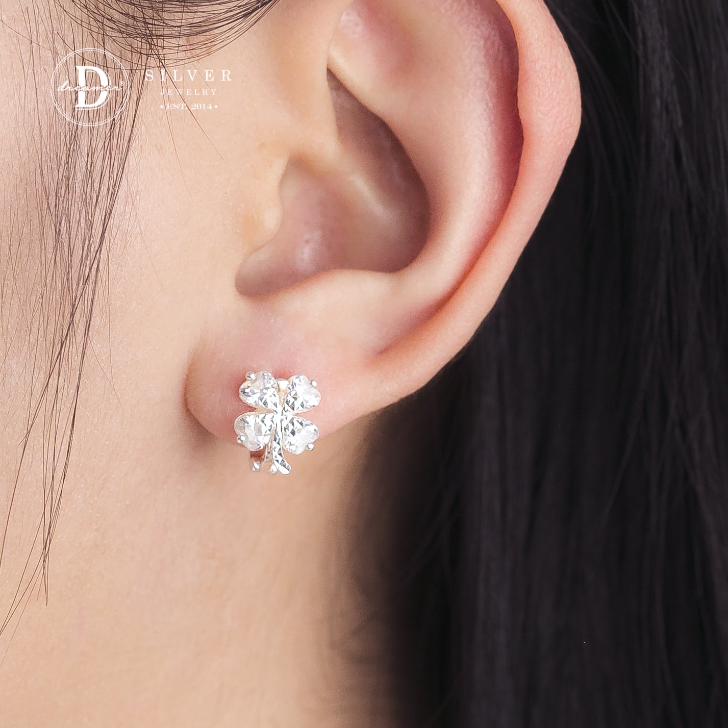 Bông Tai Khoen Gài Premium Cỏ 4 Lá Đính Đá Trái Tim - Heart Stone Lucky Flower Silver Earrings