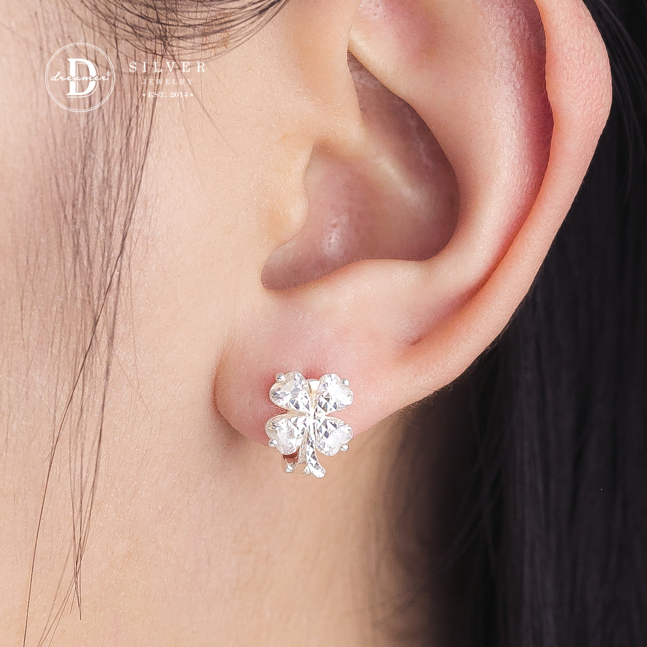 Bông Tai Khoen Gài Premium Cỏ 4 Lá Đính Đá Trái Tim - Heart Stone Lucky Flower Silver Earrings