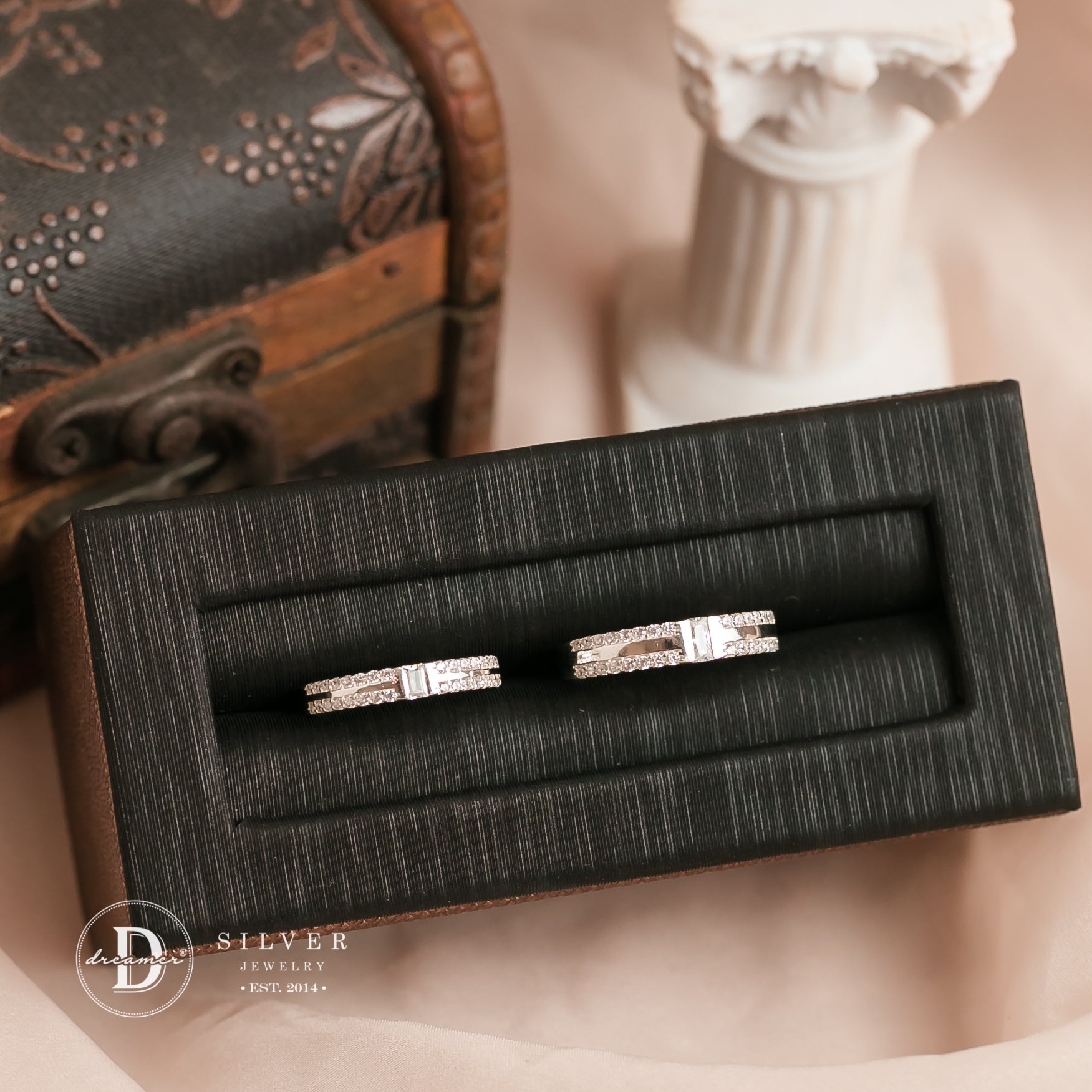 Nhẫn Cặp Bản 2 Line Đá & 1 Viên Đá Chữ Nhật - Sterling Silver Couple Rings - 2684NH