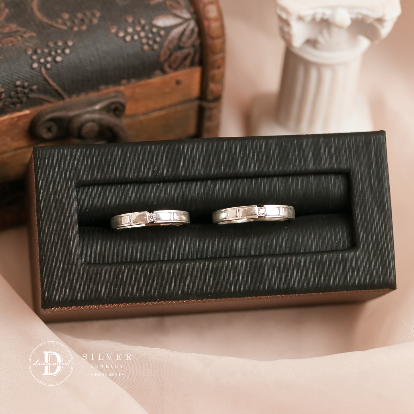 Nhẫn Cặp Bản Sọc 2 Hình Chữ Nhật & Đá CZ 2li - Sterling Silver Couple Rings