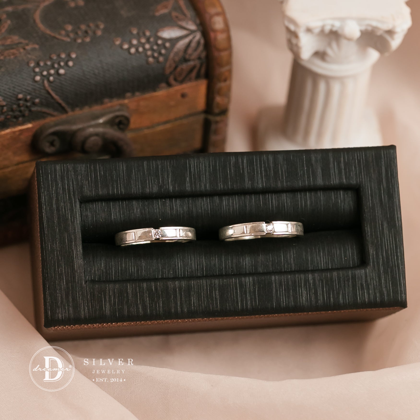 Nhẫn Cặp Bản Sọc 2 Hình Chữ Nhật & Đá CZ 2li - Sterling Silver Couple Rings - 2545NH