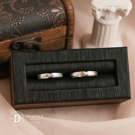 Nhẫn Cặp Bản Sọc 2 Hình Chữ Nhật & Đá CZ 2li - Sterling Silver Couple Rings