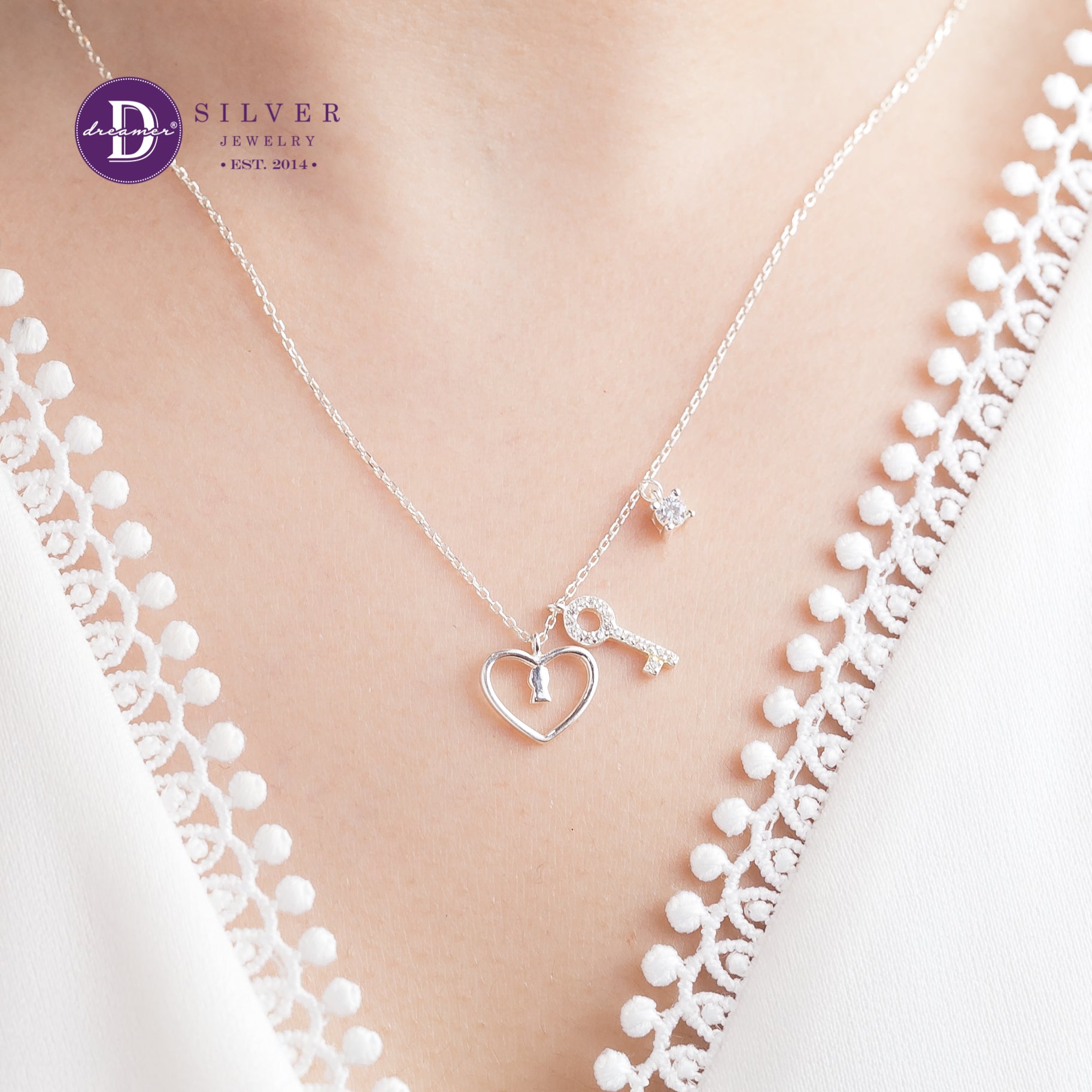 Dây Chuyền Trái Tim Chìa Khoá Đính Đá Bạc 925 - Heart Lock Sterling Silver Necklace - 293DCH