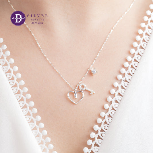 Dây Chuyền Trái Tim Chìa Khoá Đính Đá Bạc 925 - Heart Lock Sterling Silver Necklace