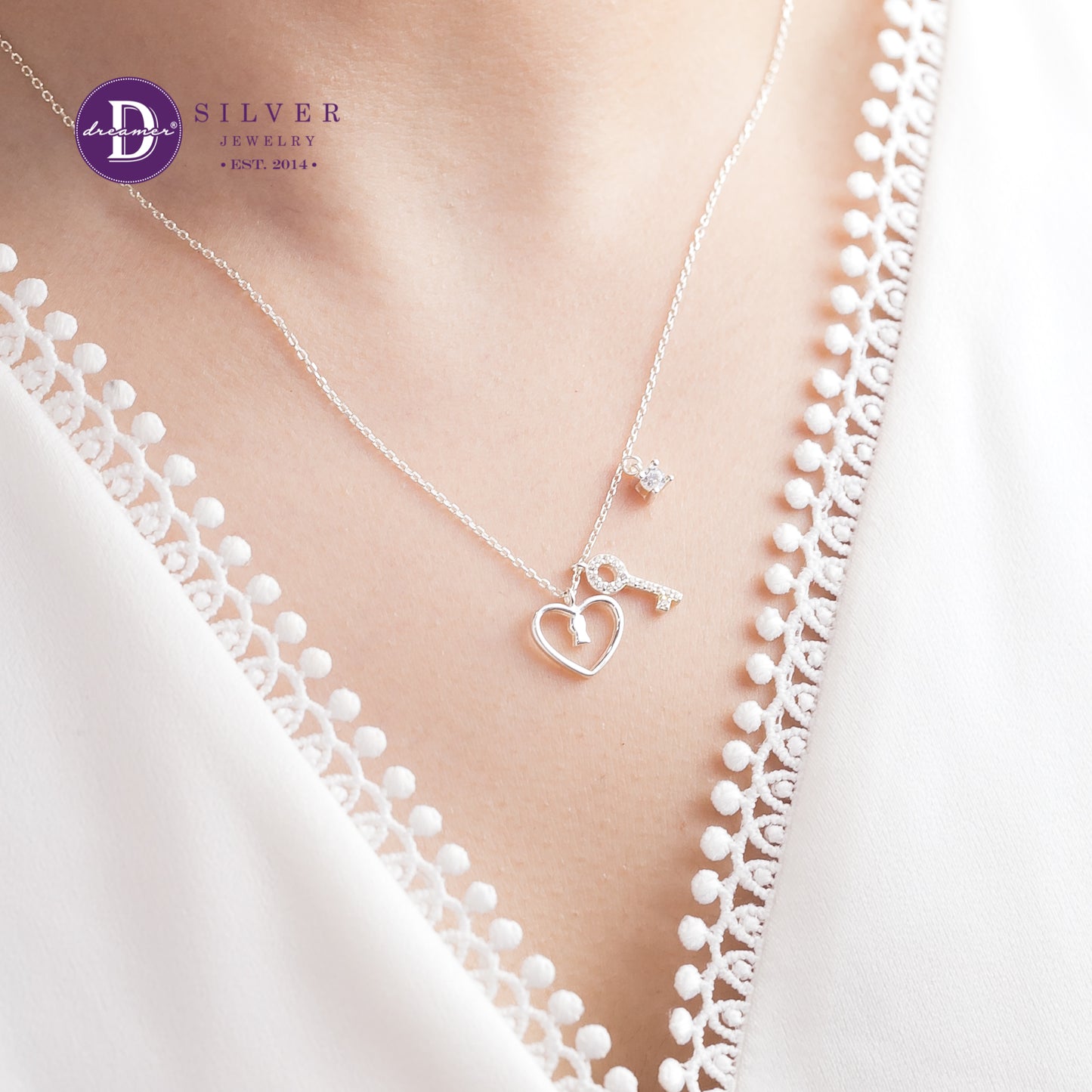 Dây Chuyền Trái Tim Chìa Khoá Đính Đá Bạc 925 - Heart Lock Sterling Silver Necklace