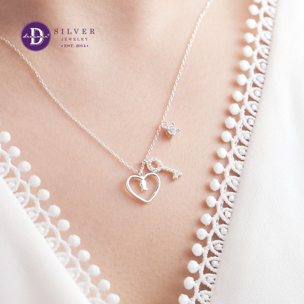 Dây Chuyền Trái Tim Chìa Khoá Đính Đá Bạc 925 - Heart Lock Sterling Silver Necklace - 293DCH