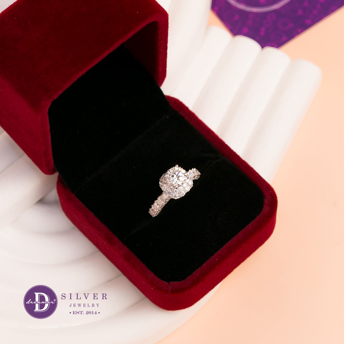 Nhẫn Bạc 950 Đá Moissanite 6li Kiểu Halo Vuông - Square Halo Moissanite Diamond Silver Ring