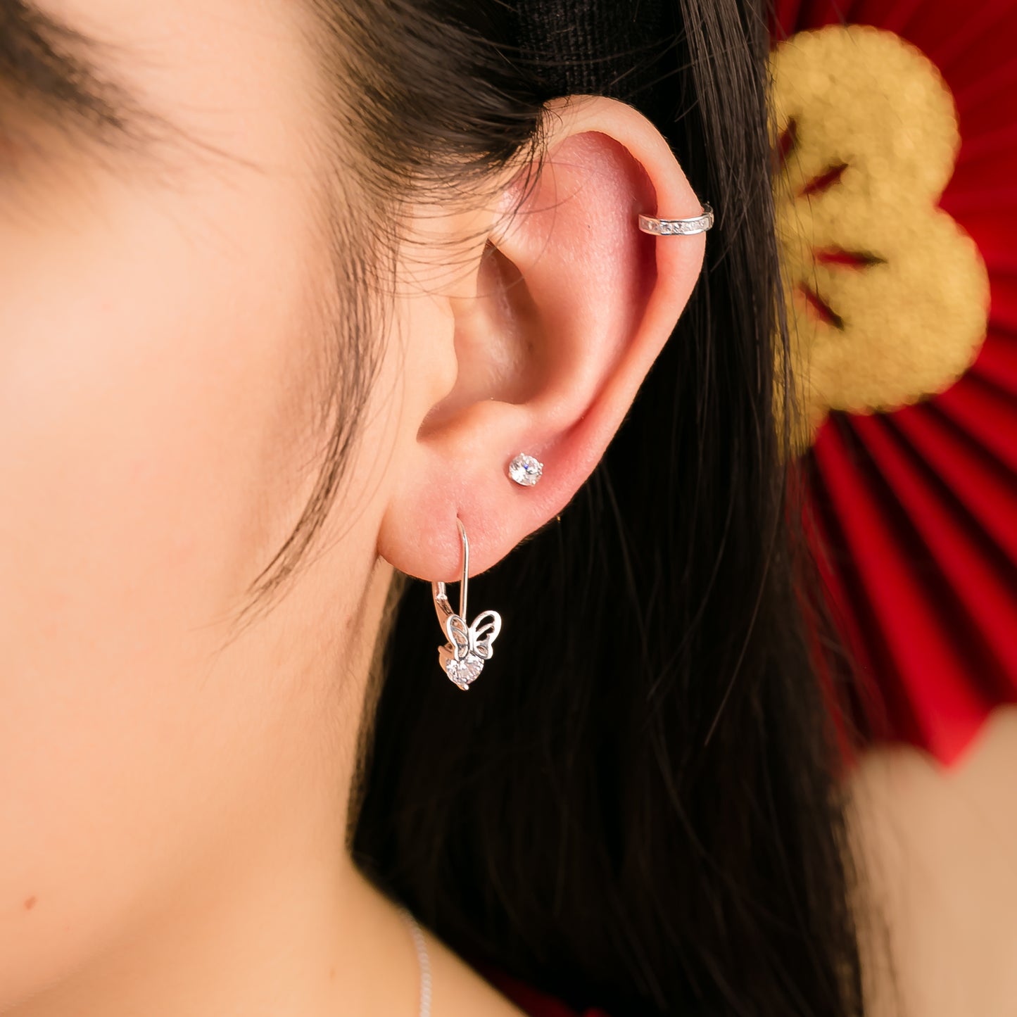 Bông Tai Khoen Gài Bướm Đính Đá Nữ Tính - Butterfly Silver Hoops Earrings