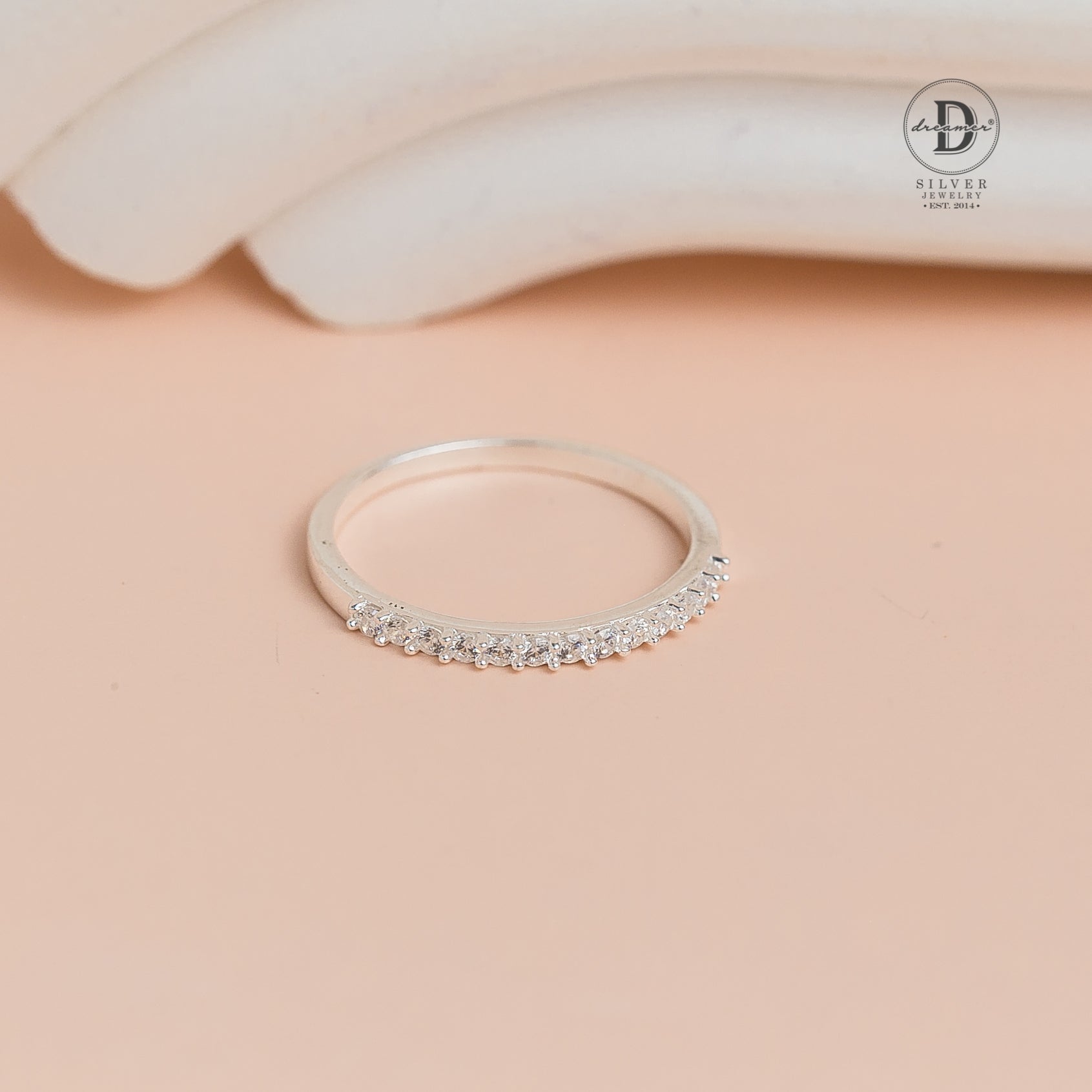 Women's Ring With 1 Row Of Sparkling CZ Stones - 925 Silver Ring - Sterling Silver Cubic Zirconia CZ Half Eternity Band Ring