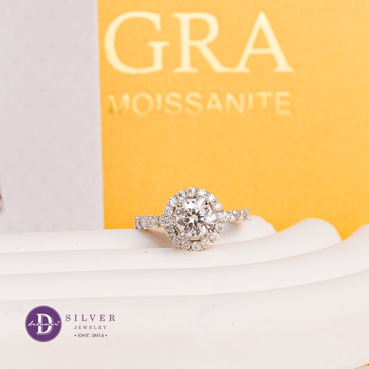 Nhẫn Bạc 950 Đá Moissanite 6.3li Kiểu Halo Baguette - Halo Moissanite Diamond Silver Ring